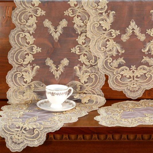 Set centri sala da pranzo in tulle ricamato con filo lurex oro - Dorotea