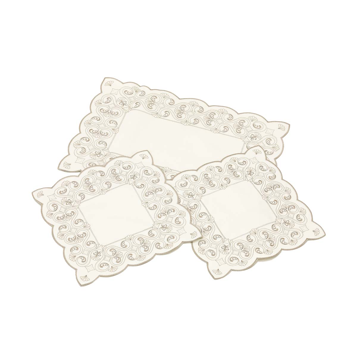 Set centrini camera da letto 3 pezzi raso avorio ricamati