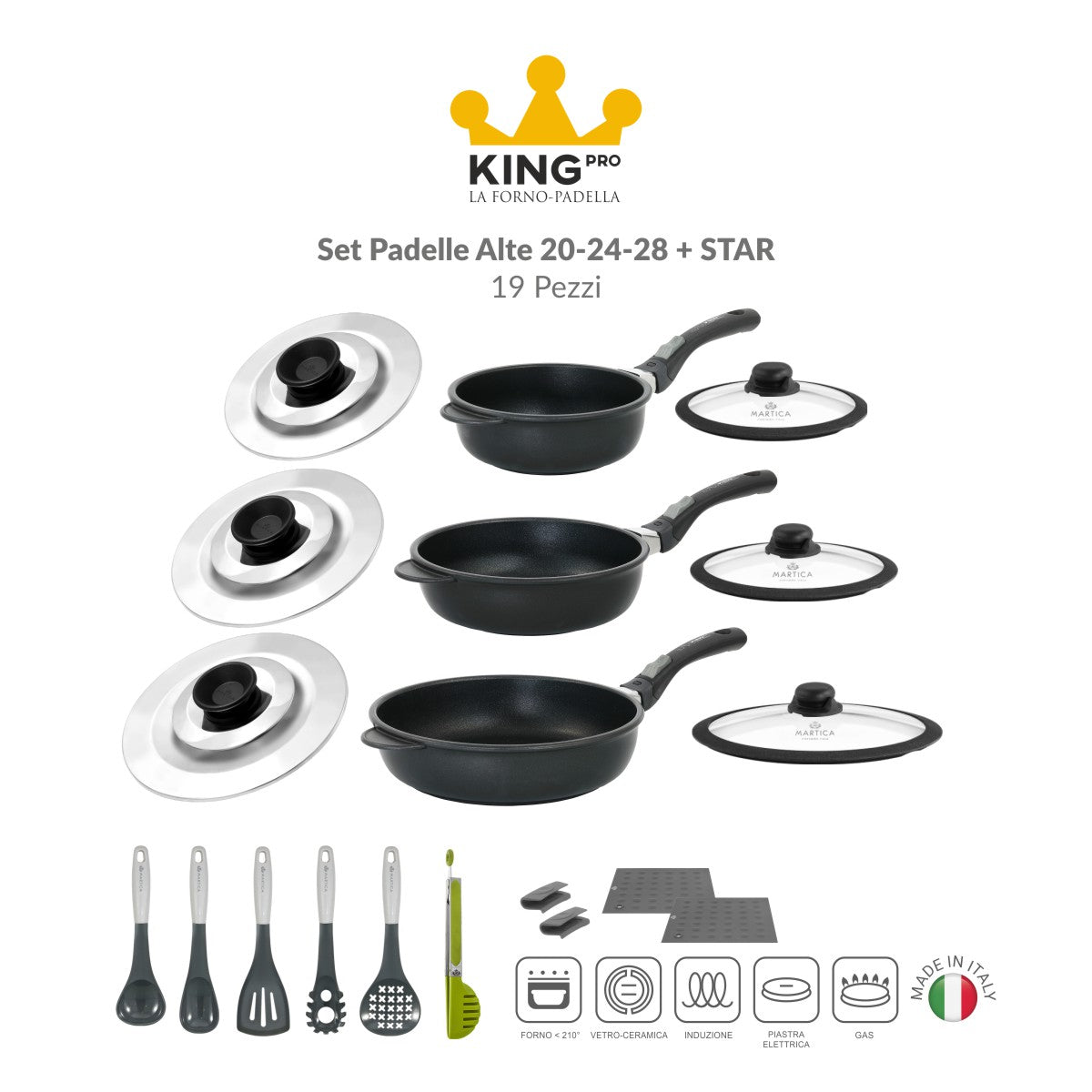 Set padelle con rivestimento antiaderente induzione con manico estraibile - King Pro Star