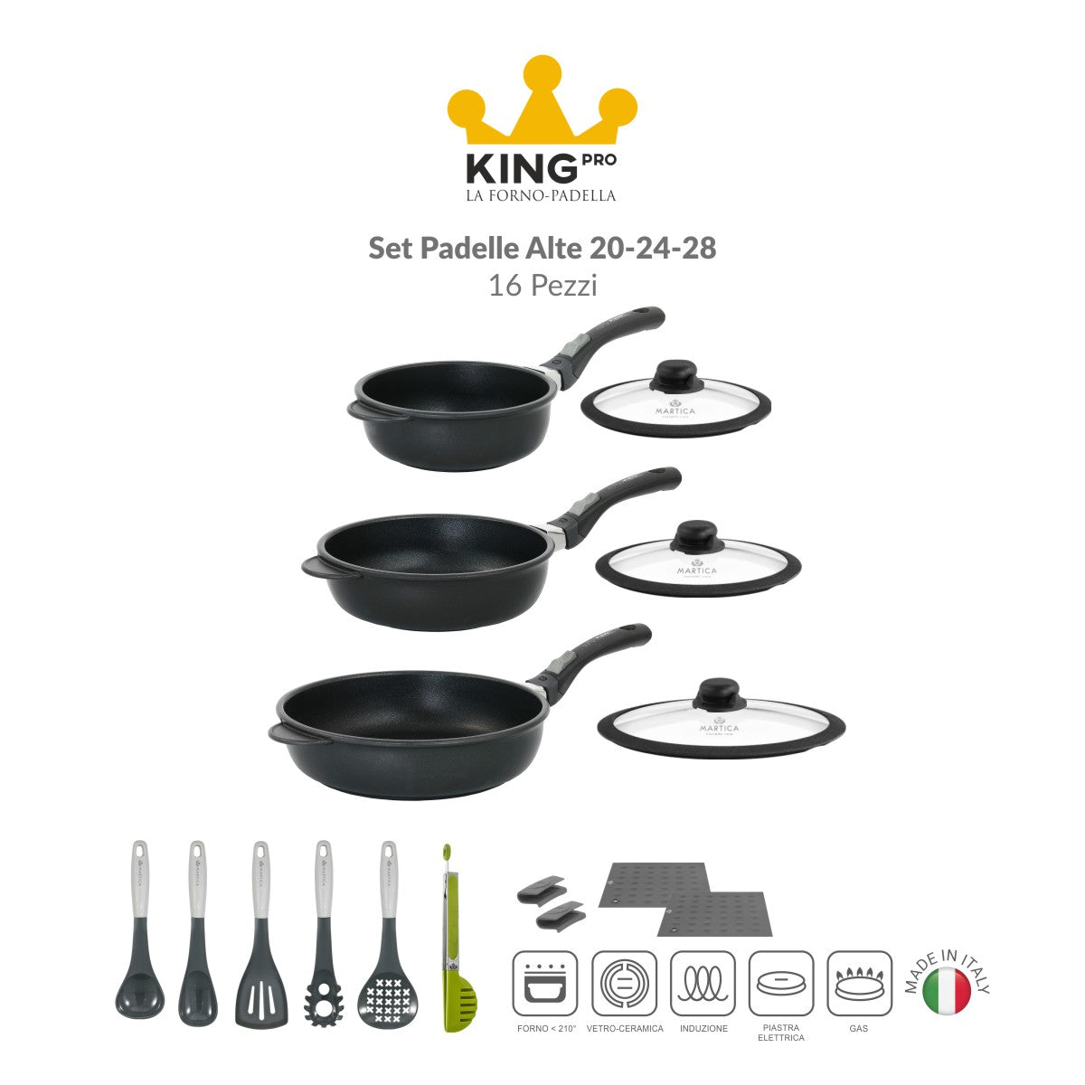 Set padelle con rivestimento antiaderente induzione con manico estraibile - King Pro