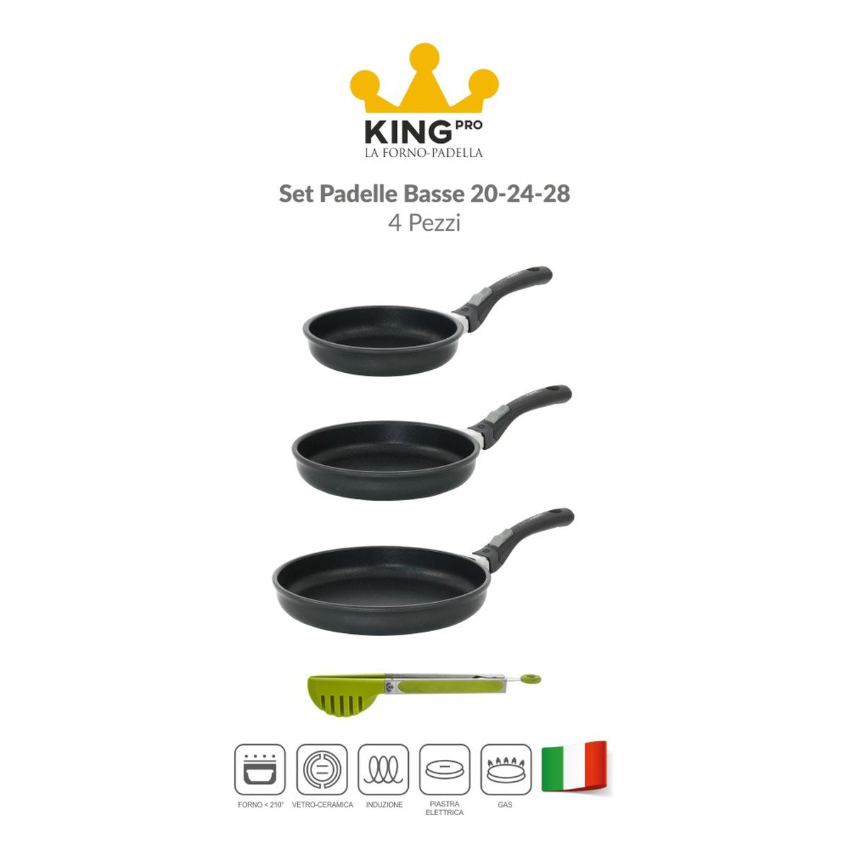 Set di padelle con rivestimento antiaderente induzione 20-24-28 manico estraibile - King Pro