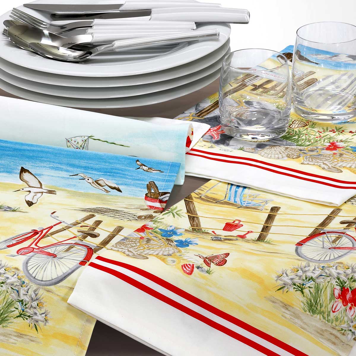 Set strofinacci cucina con fantasia mare beach in puro cotone