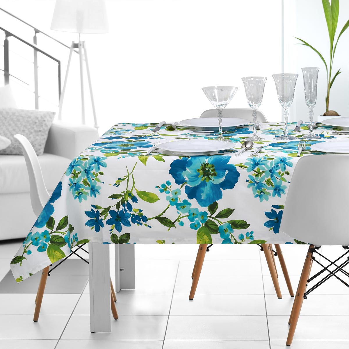 Set tovaglie puro cotone con disegno fiori grandi azzurro e verde per 8 e 12 persone