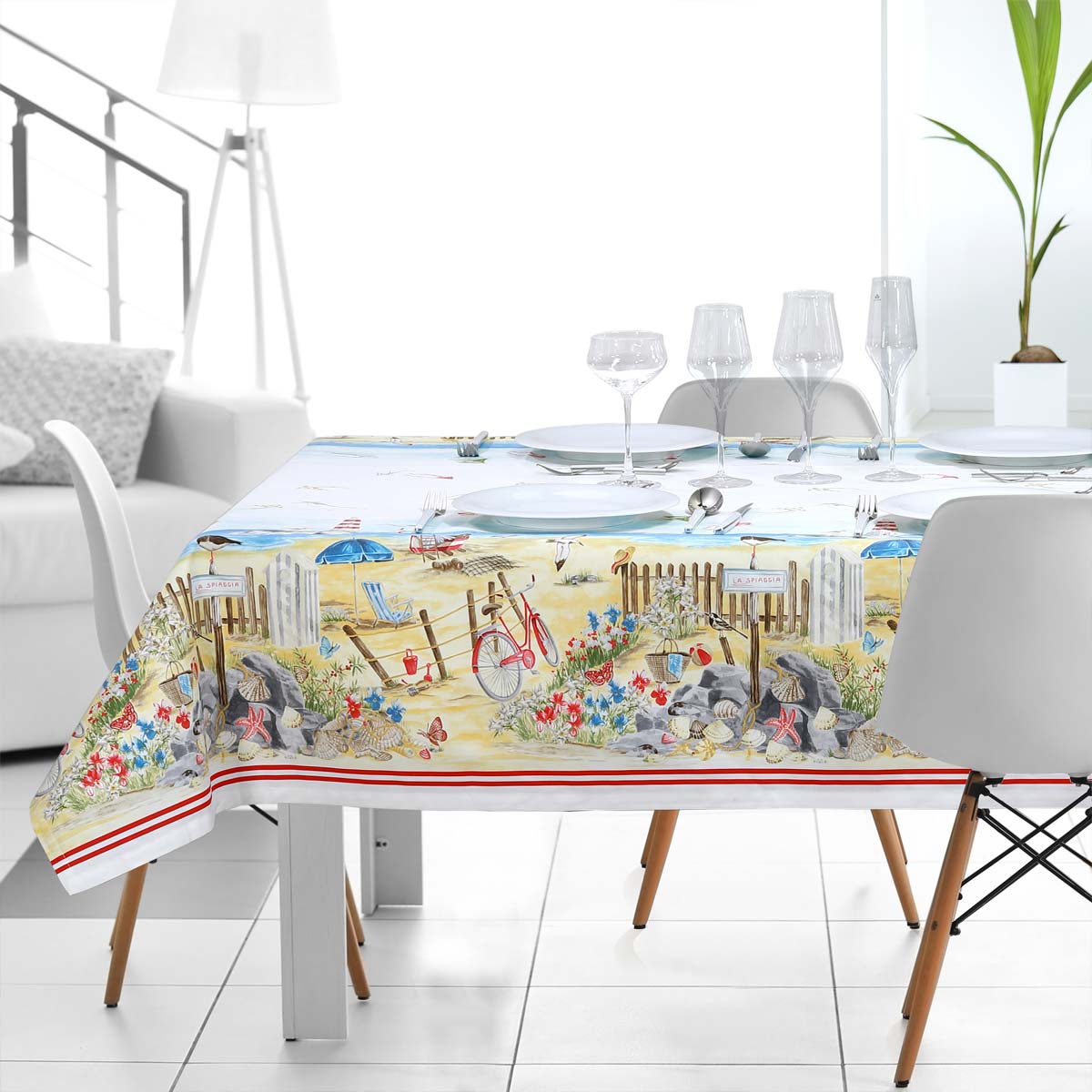 Set tovaglie con disegno estivo spiaggia e mare per 8 e 12 persone in puro cotone