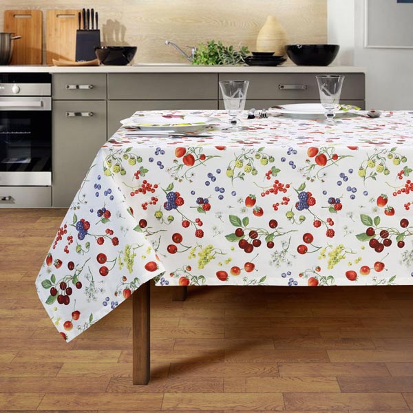 Set tovaglie con fantasia frutti di bosco per 8 e 12 persone in puro cotone