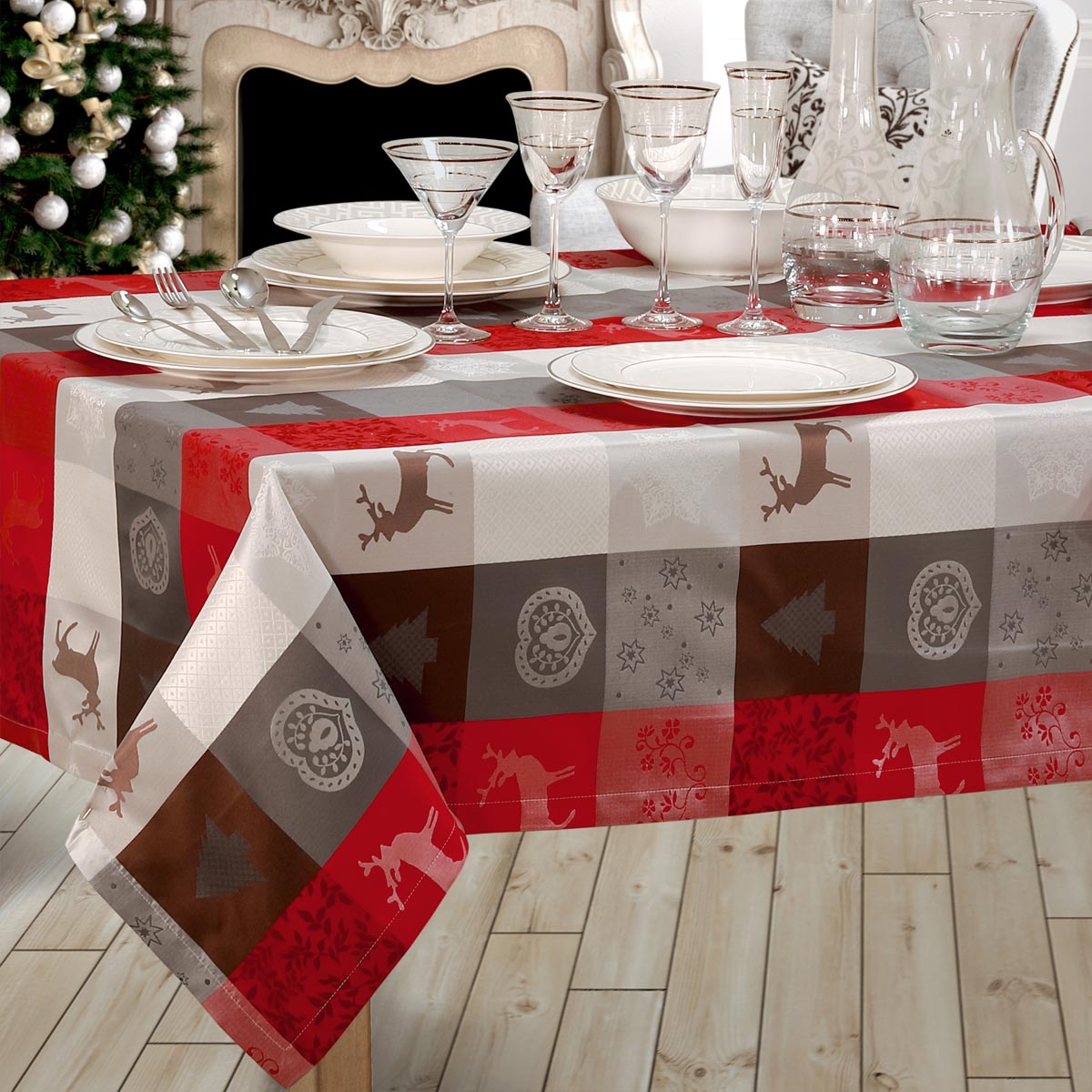 Set tovaglie natalizie per 8 e 12 persone rossa e grigio - Rossana