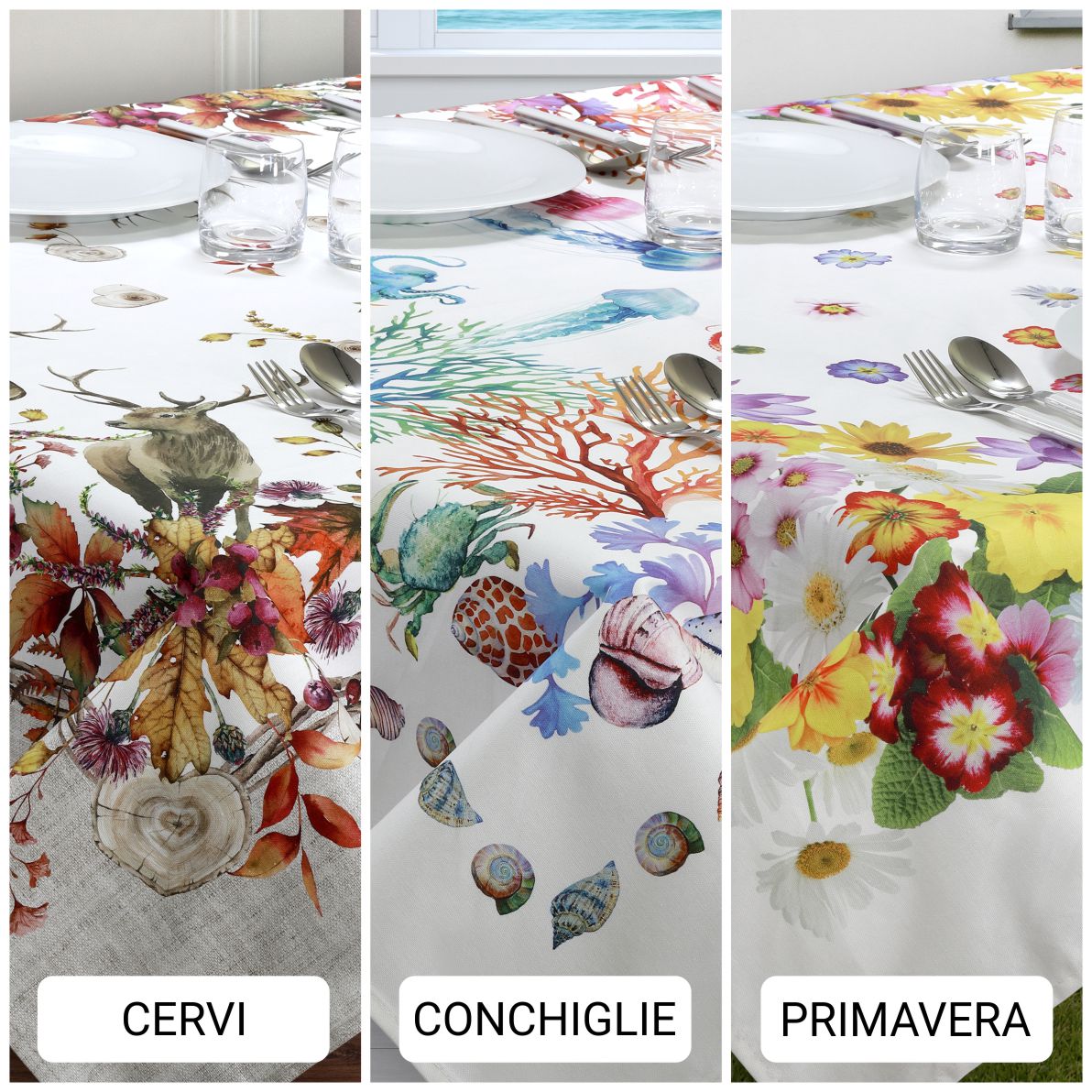 set di tovaglie per 6 e 12 persone con fantasie cervi conchiglie e primavera