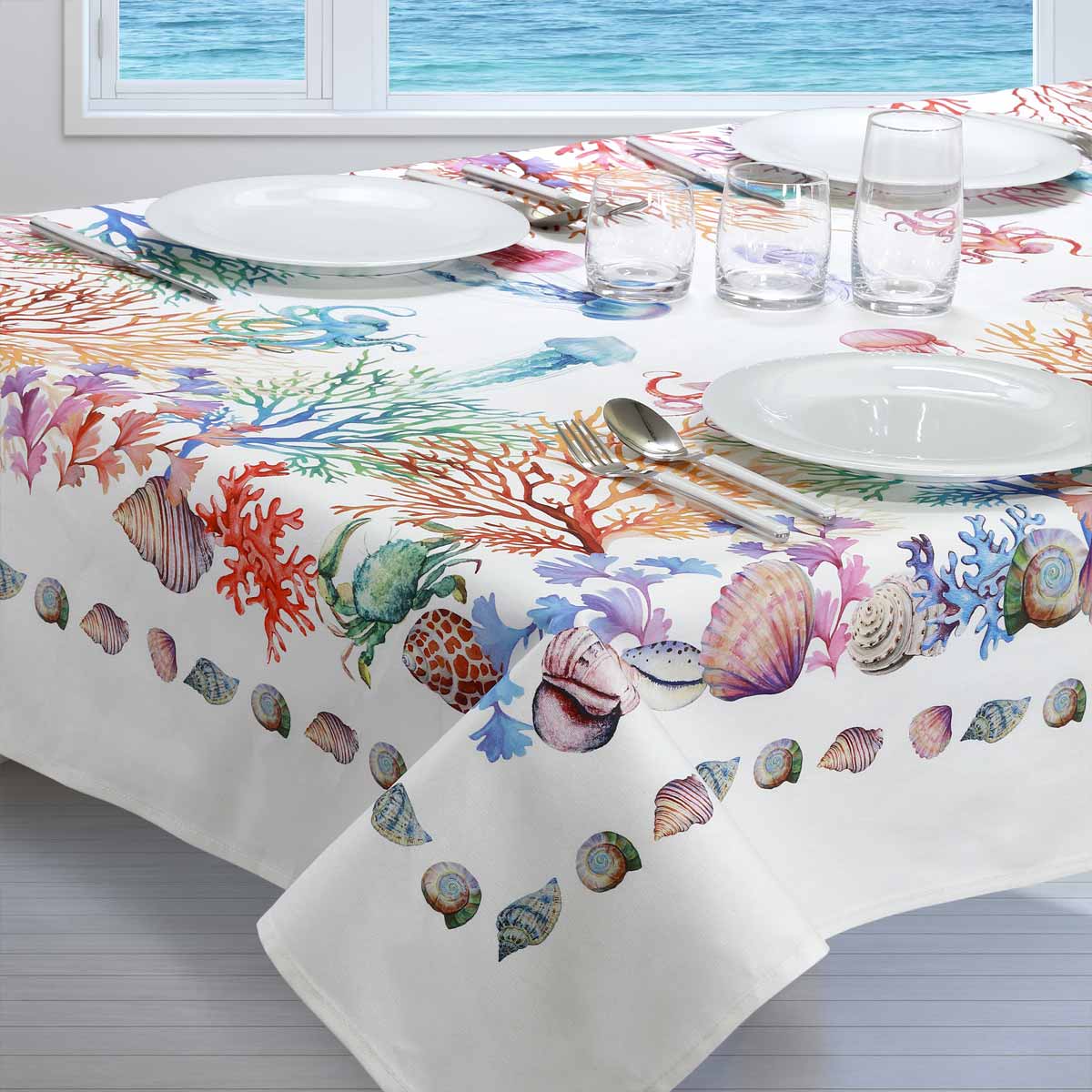 set di tovaglie per 6 e 12 persone con fantasia estiva conchiglie