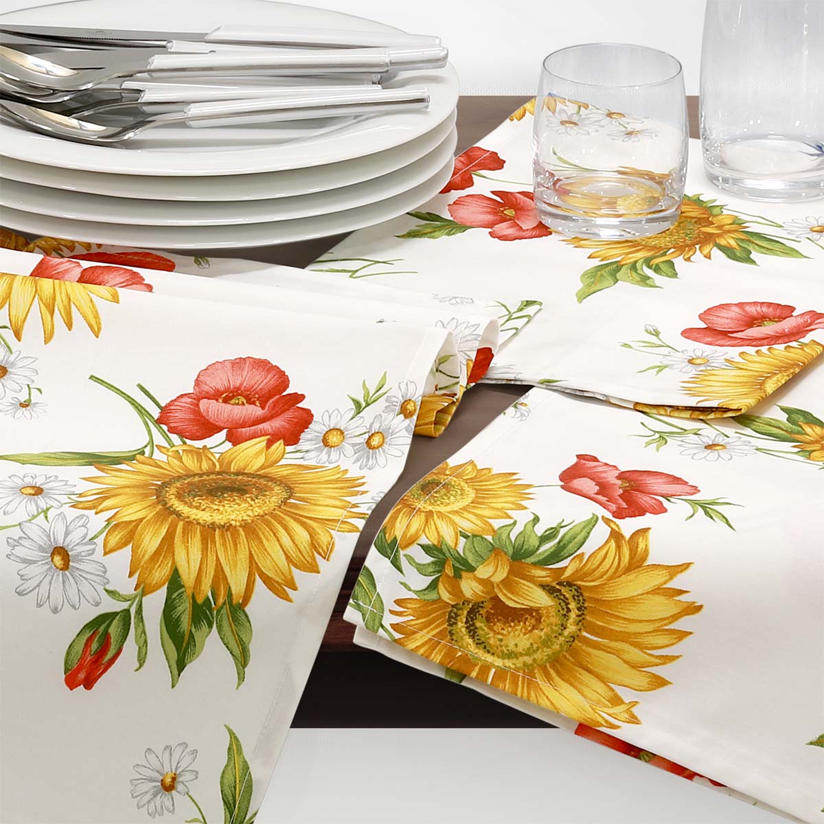 Set strofinacci con fantasia Girasoli in puro cotone