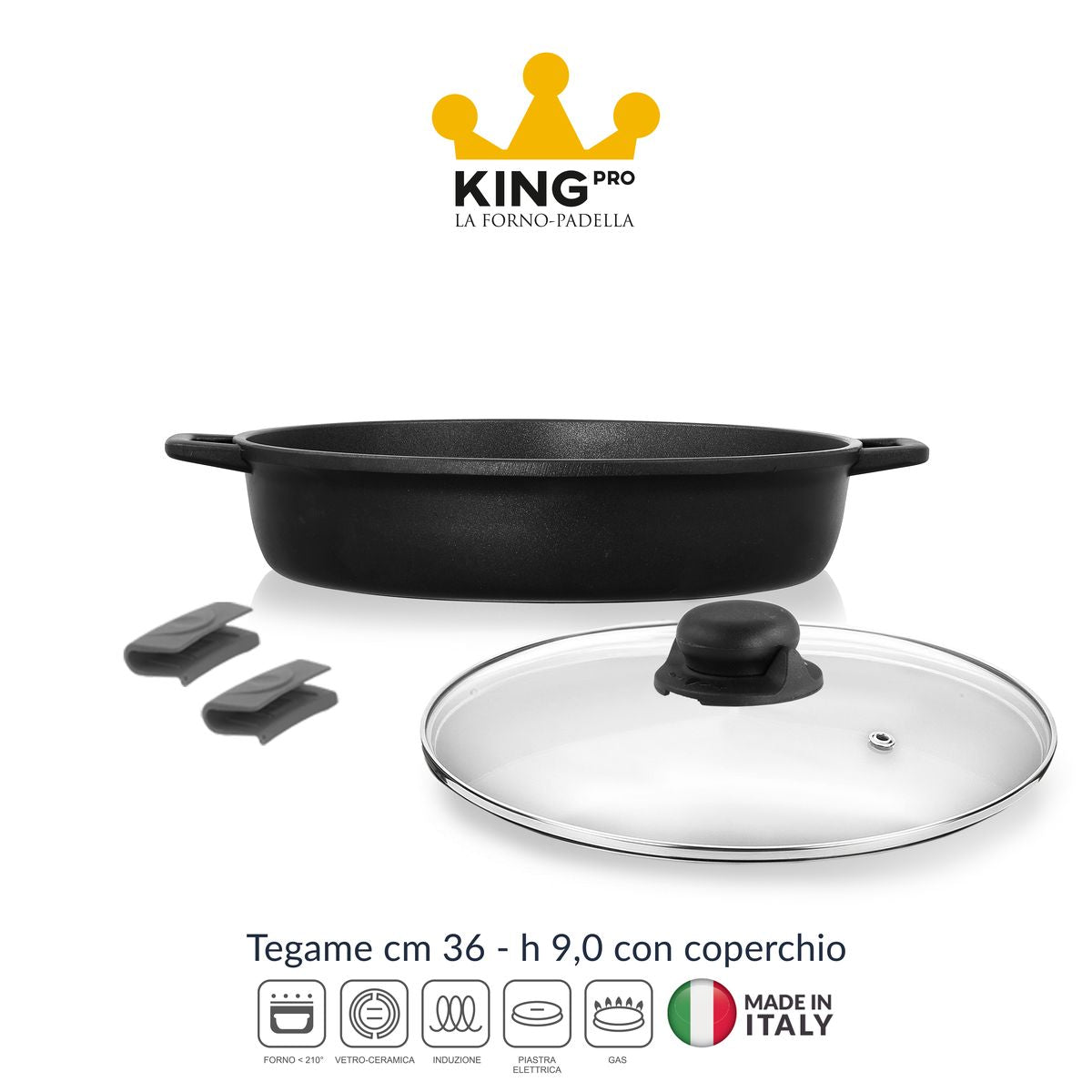 Tegame antiaderente grande ad induzione da 36 cm alto 9 cm con coperchio