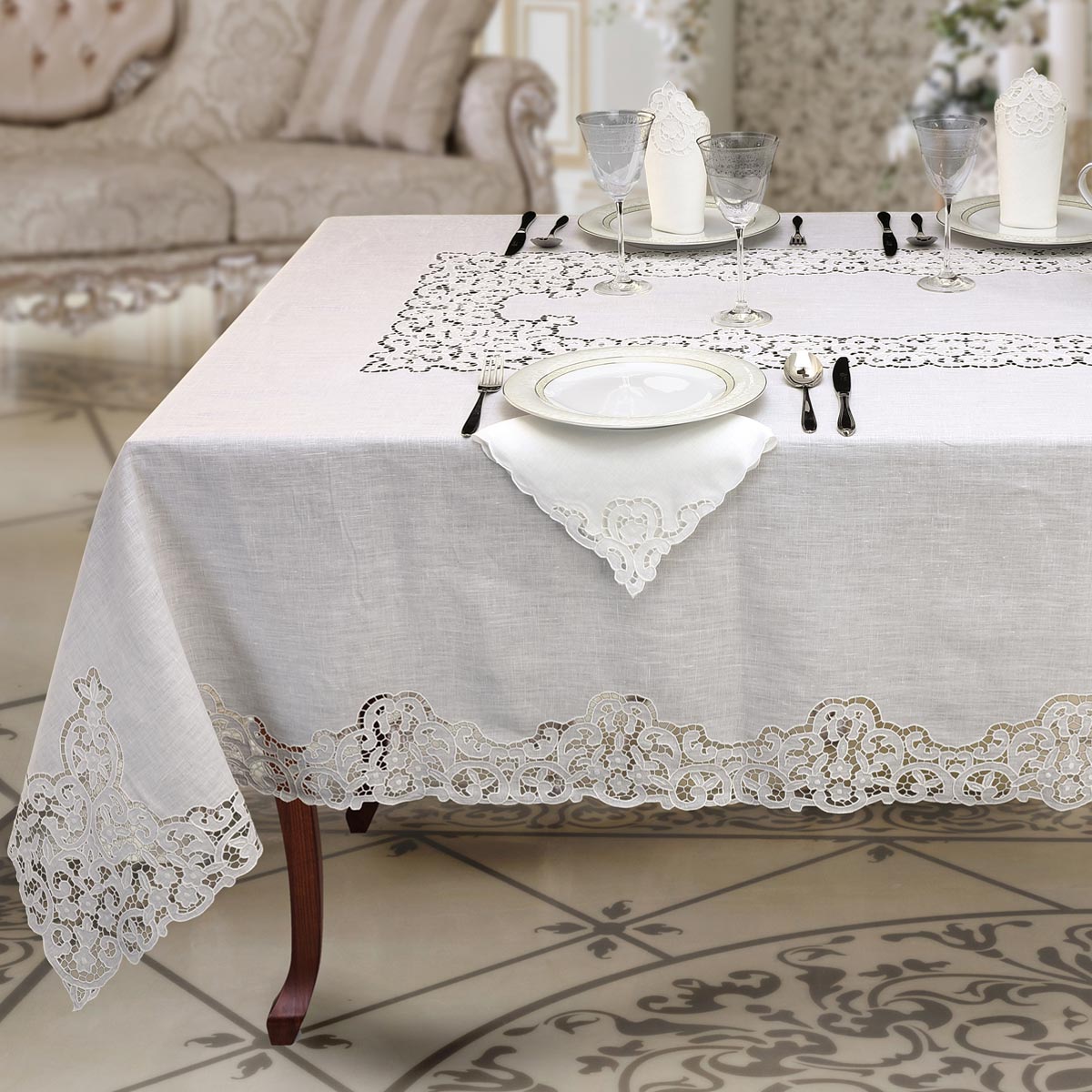 Tovaglia per 12 persone ad intaglio in puro lino bianco - Prestige