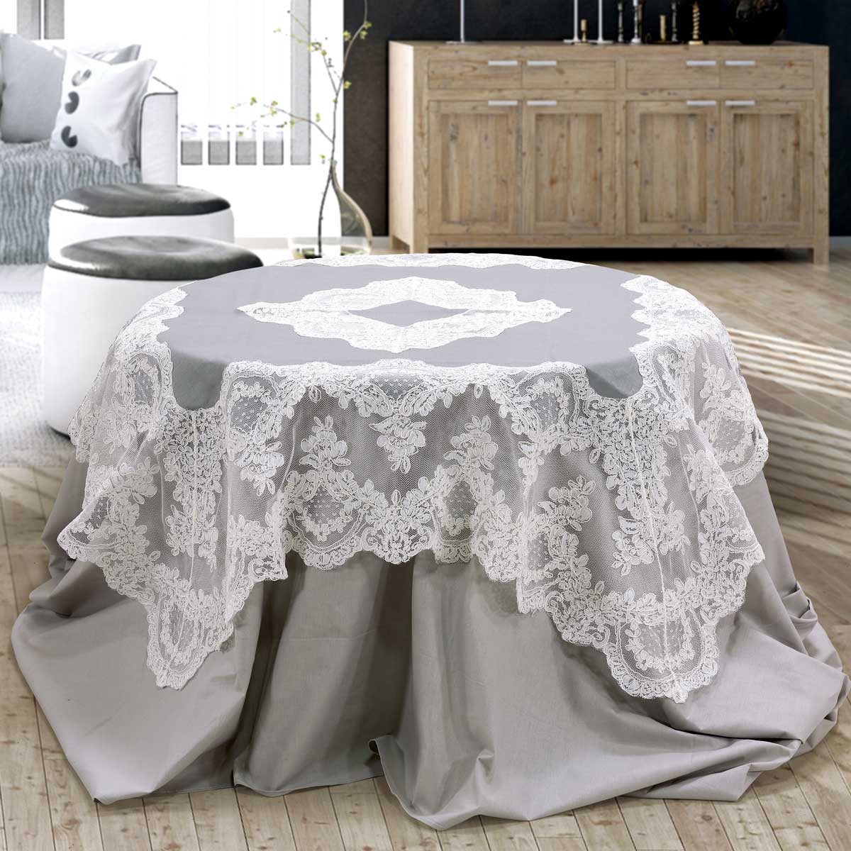 Tovaglietta da tè moderna in puro lino italiano di colore grigio con pizzo barbara