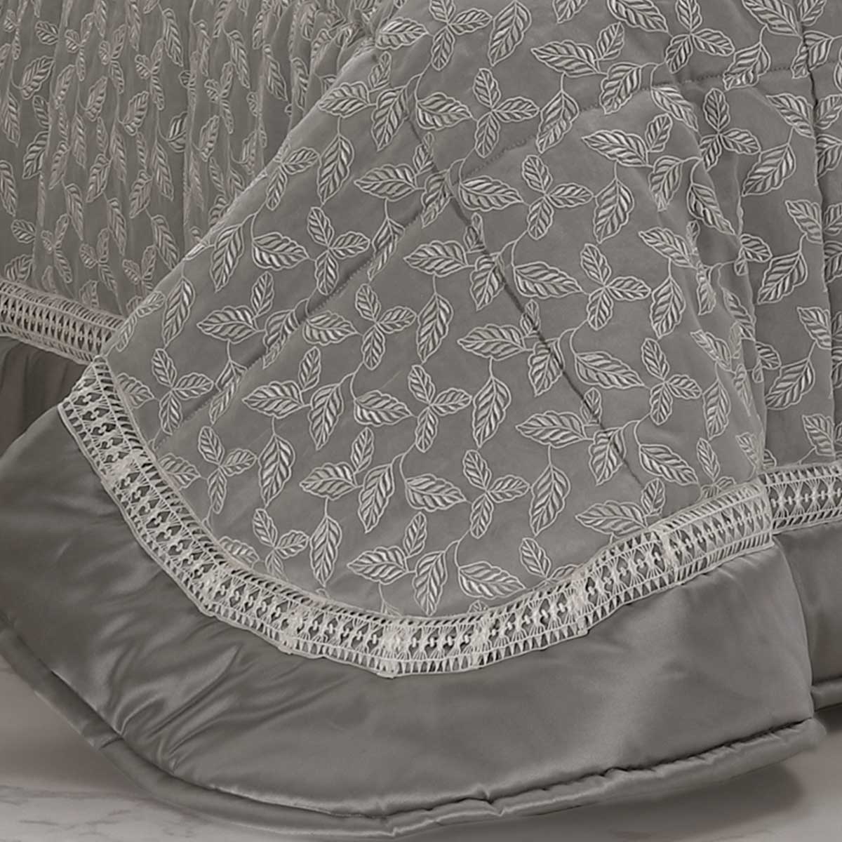 Trapunta 2 piazze stile contemporaneo patchwork con foglie ricamate grigio - EL105