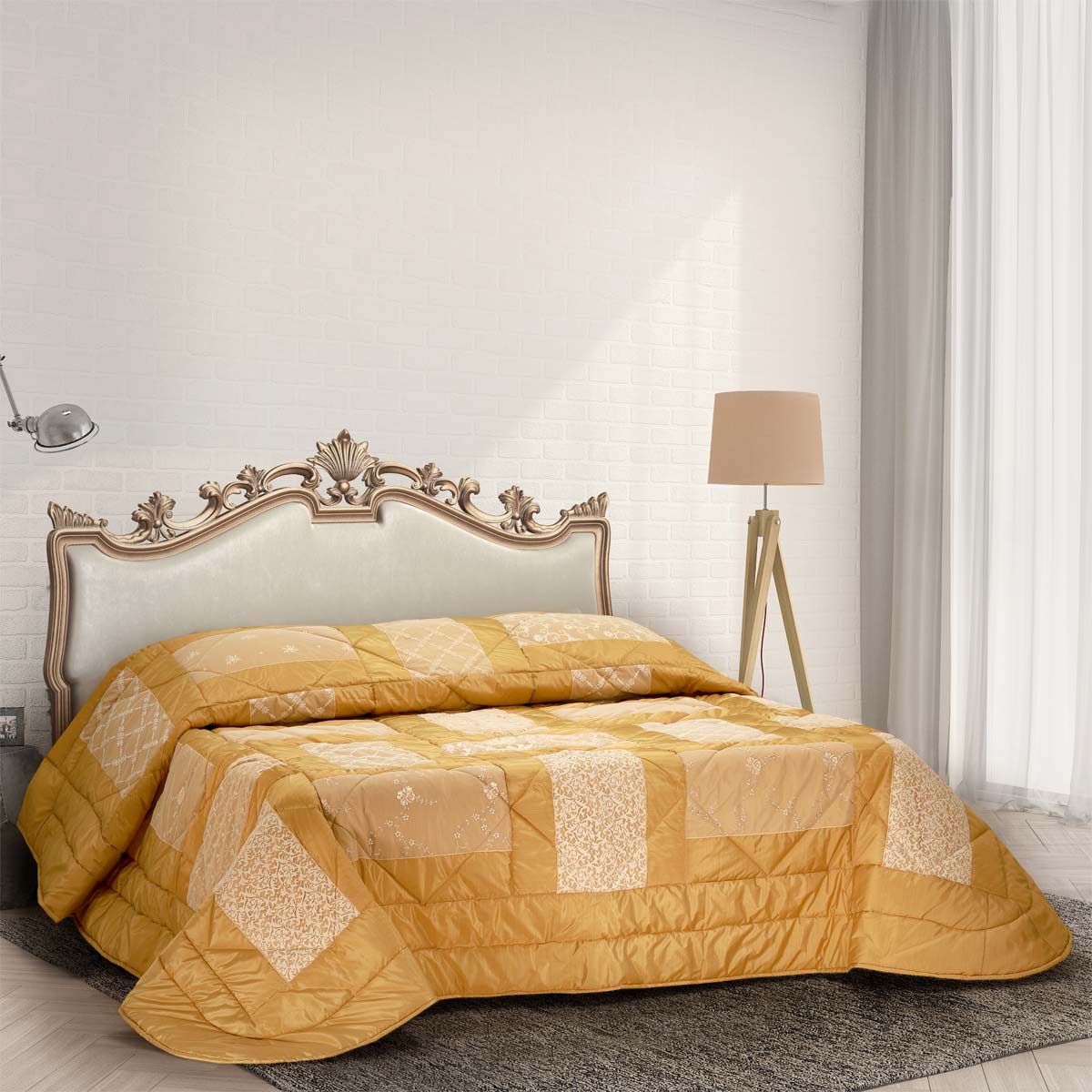Trapunta matrimoniale di colore oro e verde - EL106