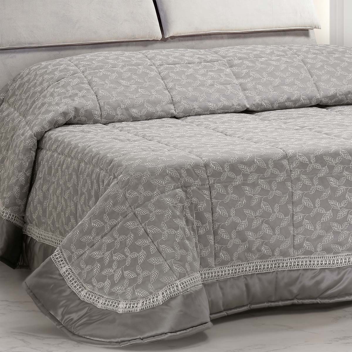 Trapunta matrimoniale patchwork con ricamo foglioline grigio - EL105
