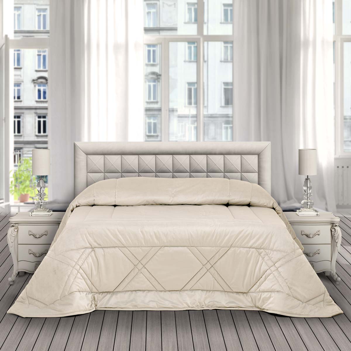 Trapunta matrimoniale pesante moderna in velluto di colore avorio con disegno geometrico - Rombi