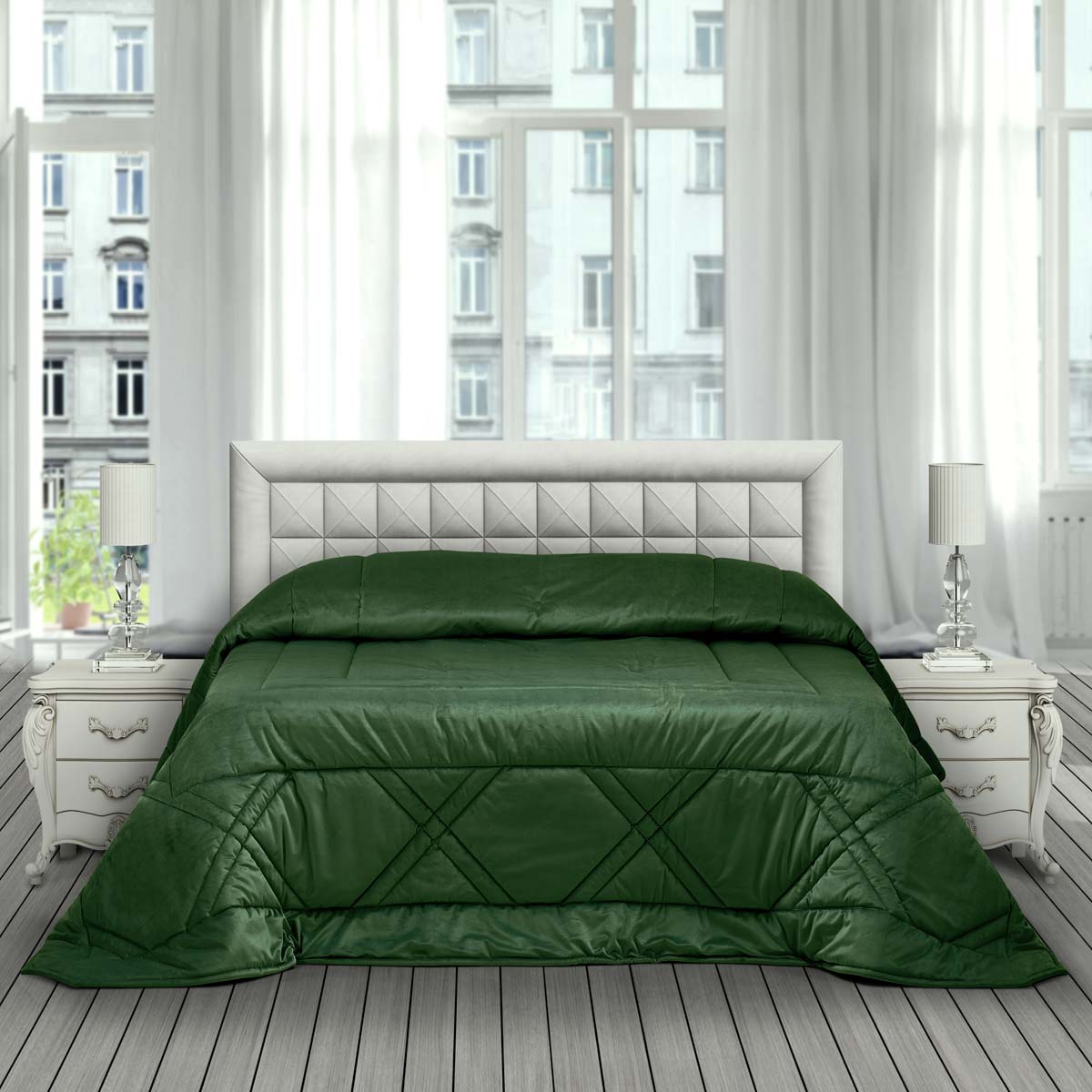 Trapunta matrimoniale pesante moderna in velluto di colore verde con disegno geometrico a Rombi