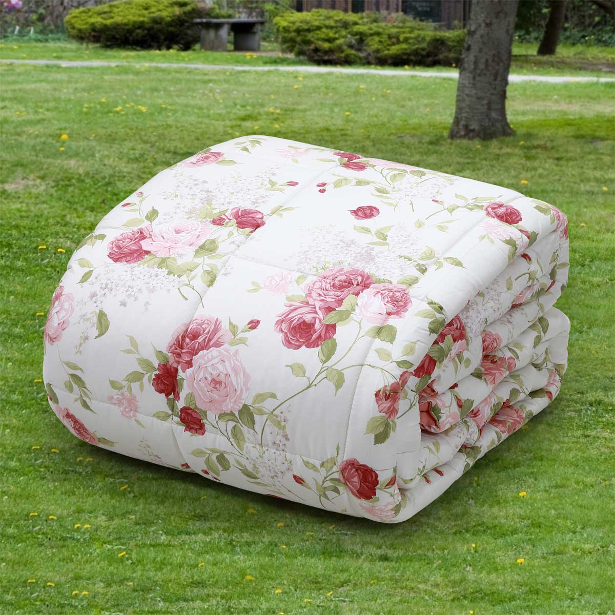 Trapunta matrimoniale pesante in raso di cotone con fiori rosa - Daniela