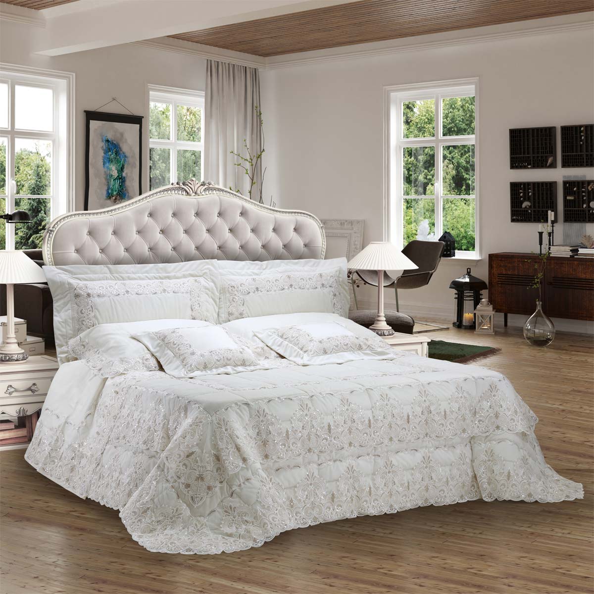 Trapunta in velluto avorio con pizzo corredo sposa - Beatrice 03
