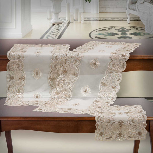 Set centrini sala da pranzo 3 pezzi in tulle ricamato bicolore con paillettes - Beatrice