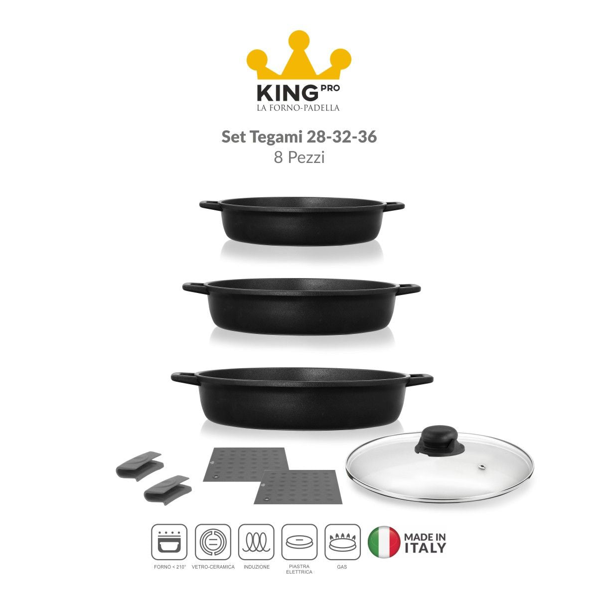 Tris tegami ad induzione 28-32-36 cm prodotti in Italia - King Pro