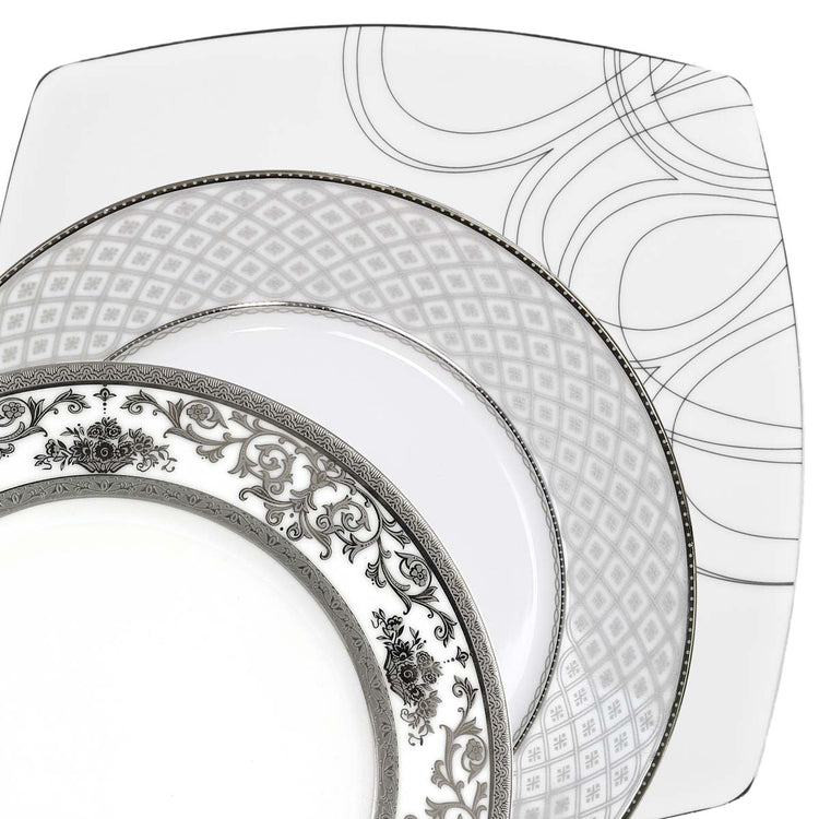 Servizio piatti quadrato con decoro geometrico platino - Monica