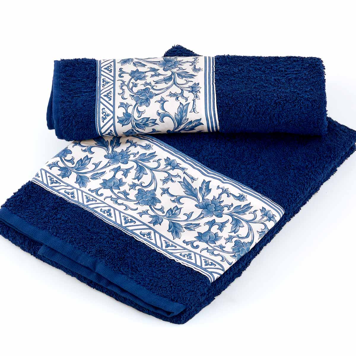 Coppia asciugamani bagno di colore blu con balza in raso a Fiori