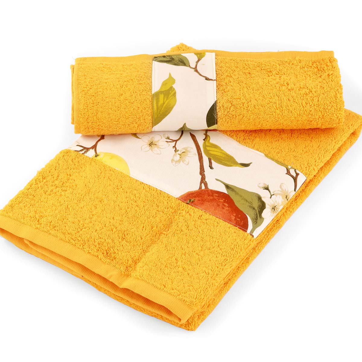 1+1 asciugamani in spugna di colore arancio con balza agrumi e misure grandi