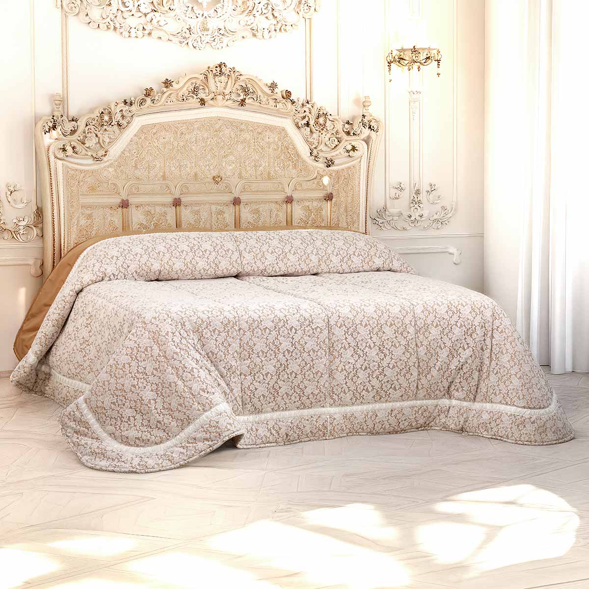 Capo classico letto importante trapunta invernale in pizzo bianco taffetta - EL152