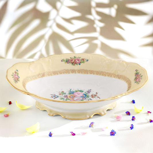 Centrotavola alzata in porcellana con decoro classico in oro e fiori - Diana