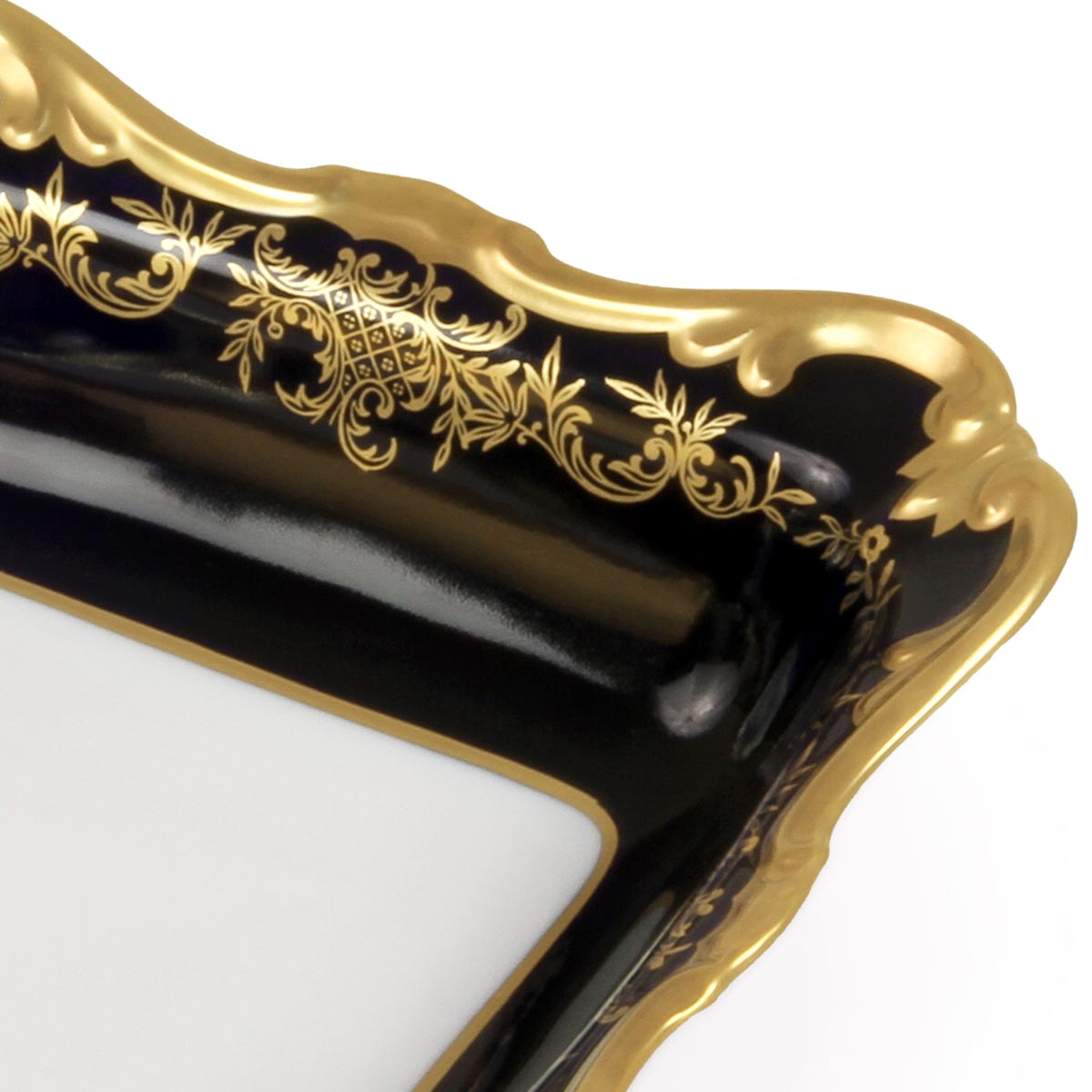 Centrotavola quadrato grande elegante in porcellana con decoro a mano in oro e cobalto