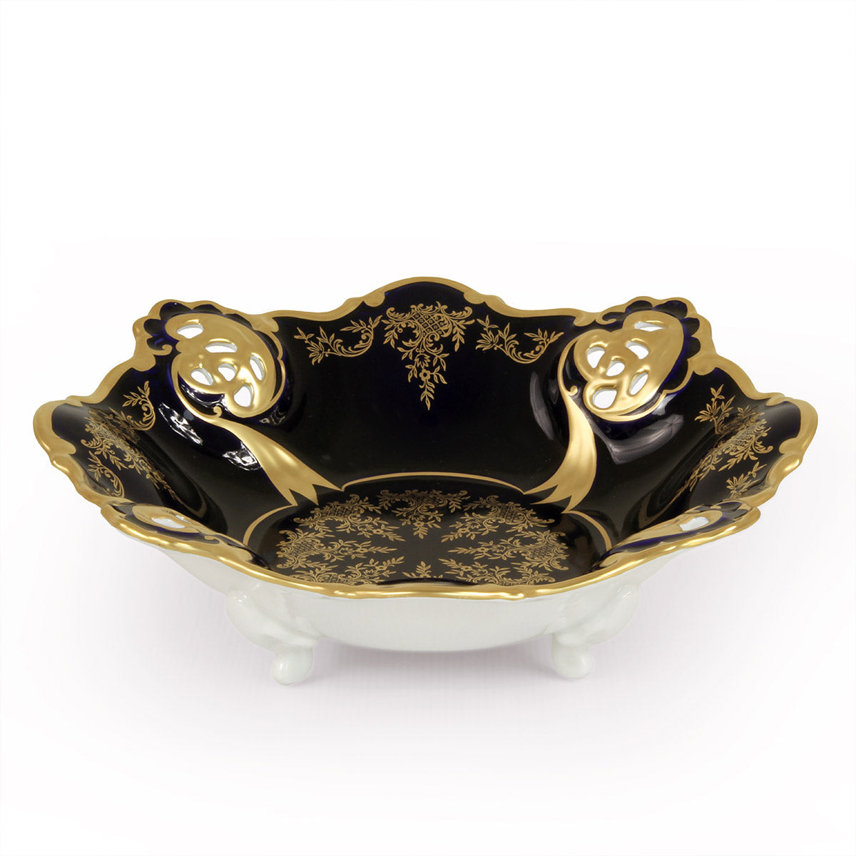 Centrotavola rotondo stile classico in fine porcellana decorata in oro e blu cobalto