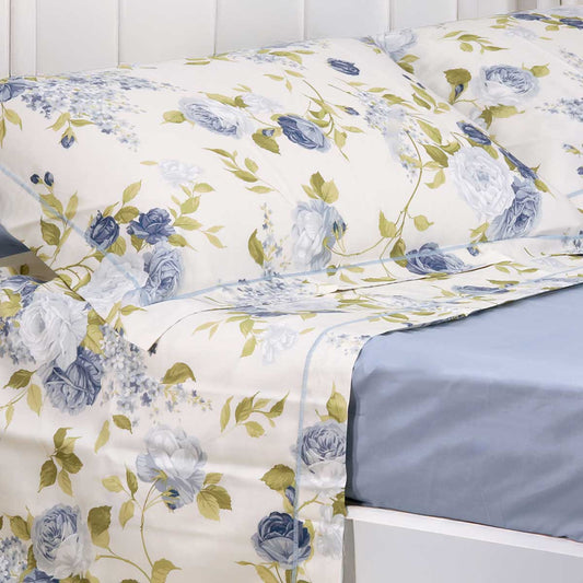 Completo letto con fantasia floreale azzurro in tessuto di percalle - Daniela