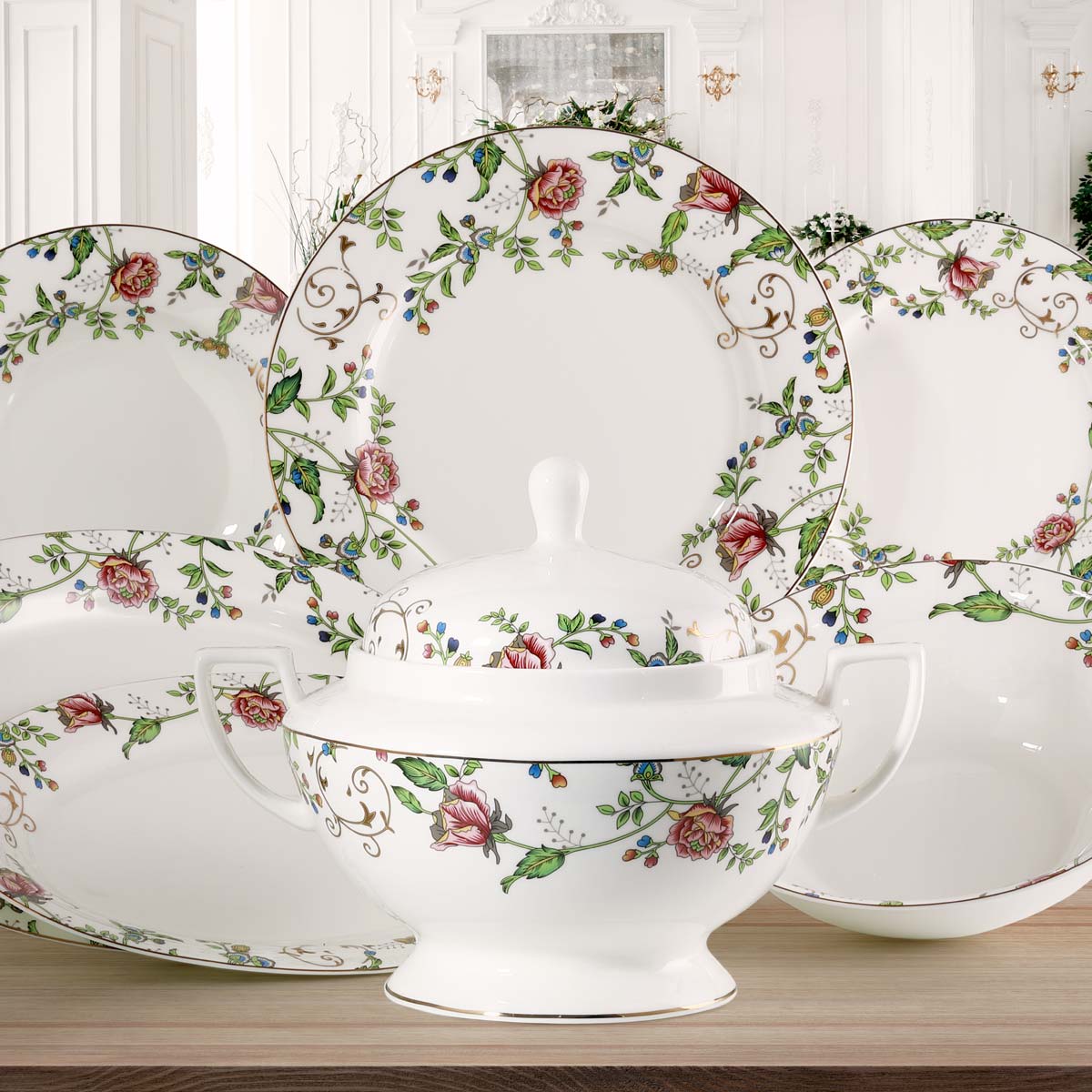 Servizio Da Tavola Monika 62 Pezzi - Porcellana, Decorazione Papaveri, Per 6 Persone, Lavabile In Lavastoviglie - Foto 2