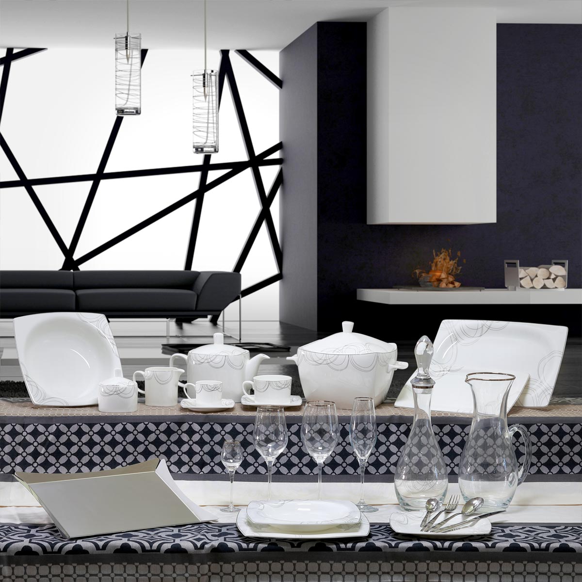 Composizione piatti quadrati con bicchieri stile moderno decoro filo platino - Rebecca
