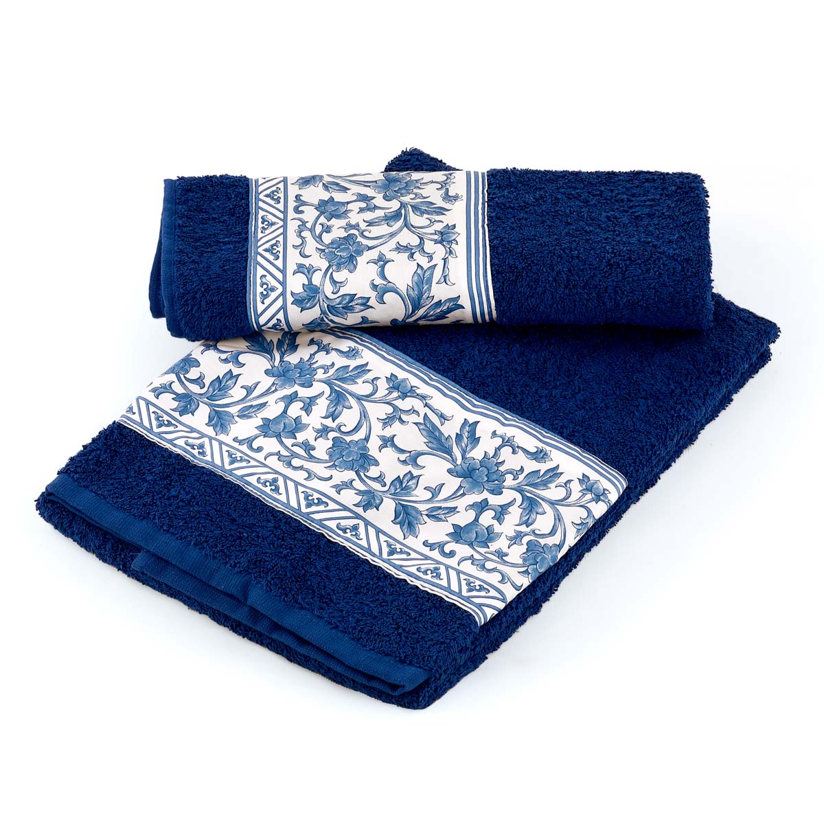 Coppia asciugamani bagno in spugna di colore blu e balza in raso a fiori