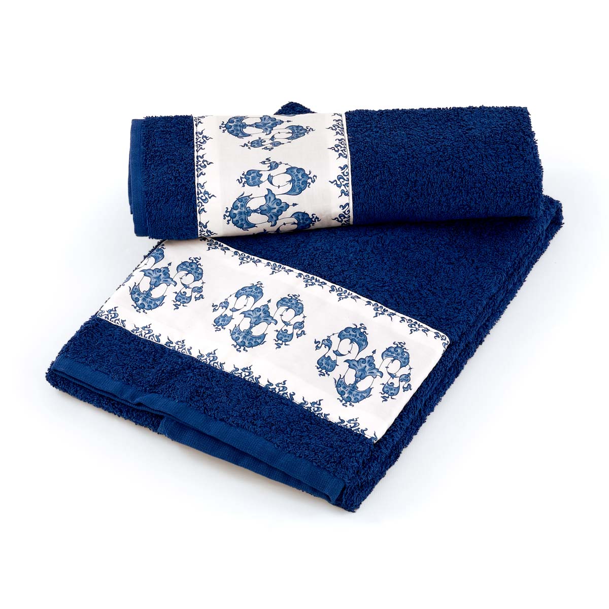 Coppia asciugamani da bagno in spugna di colore blu con balza in raso