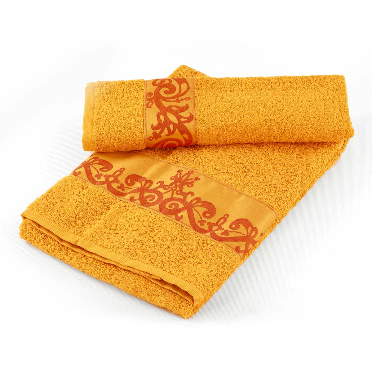 Coppia asciugamani da bagno in spugna di colore senape con balza in raso - Marabò