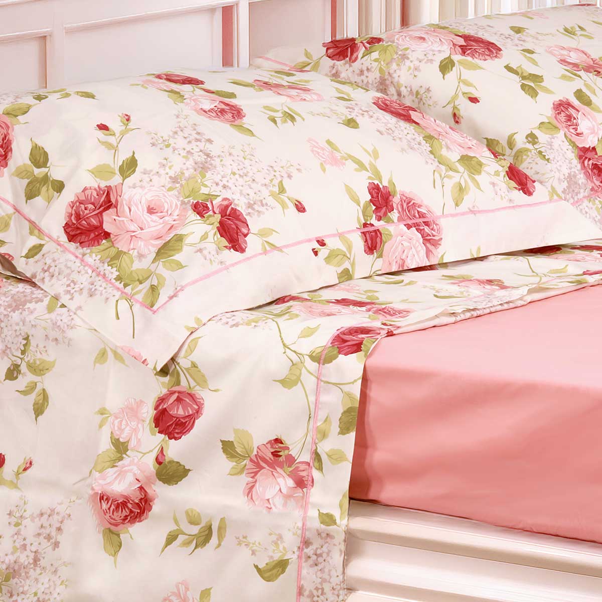 Coppia lenzuola con fantasia floreale rosa in pregiato tessuto percalle di puro cotone - Daniela