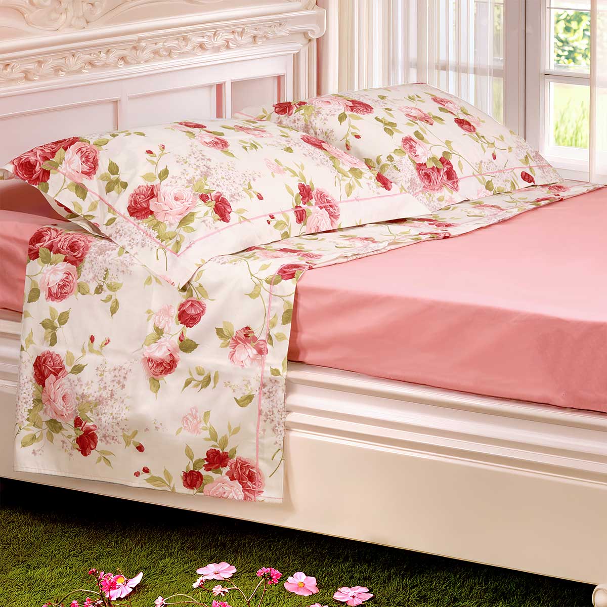 Coppia lenzuola matrimoniale con fantasia floreale rosa in tessuto percalle - Daniela