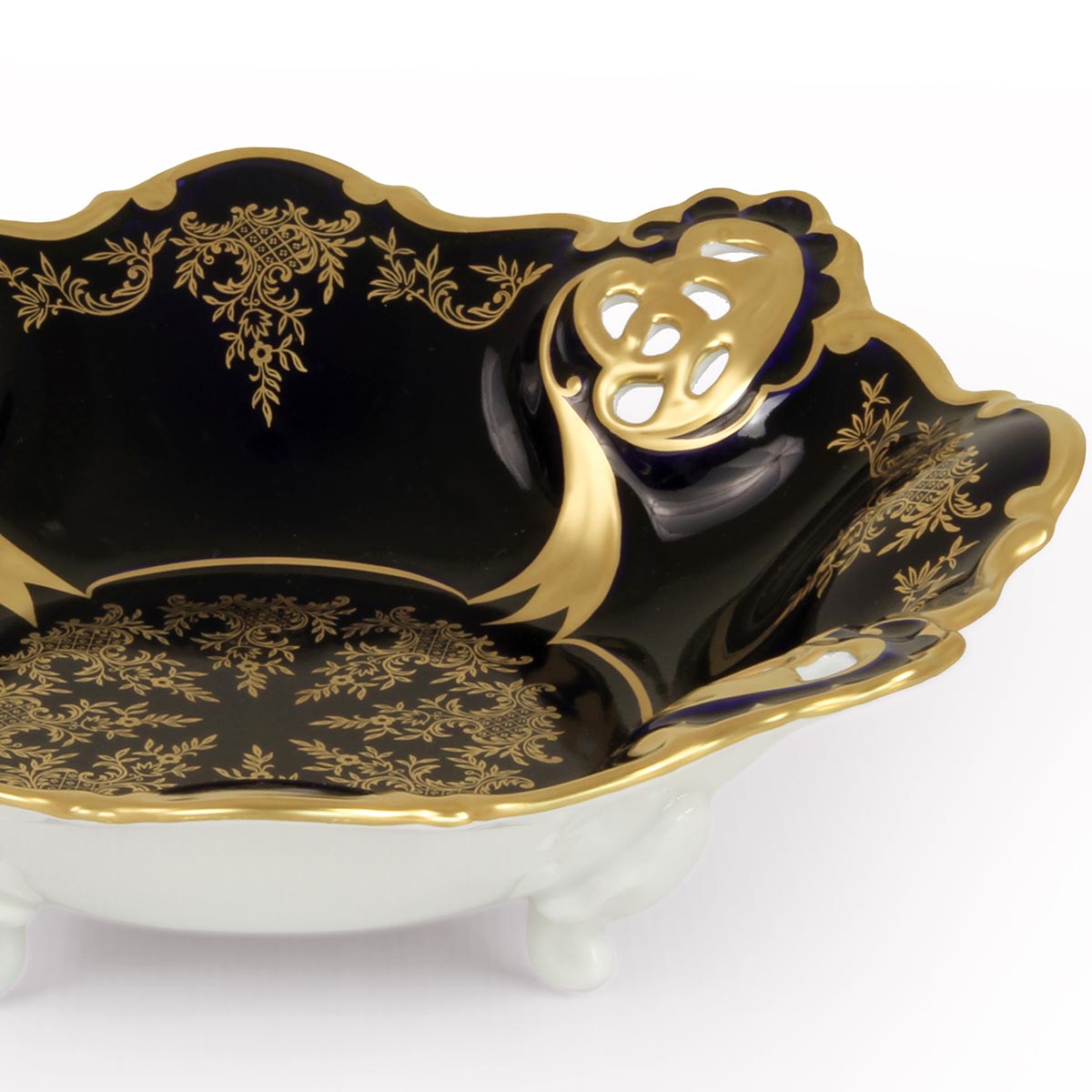 Prestigioso centrotavola dallo stile classico in porcellana dipinta a mano in oro e blu cobalto