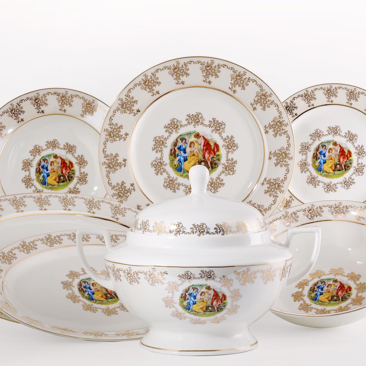 Prestigioso completo piatti e tazze tavola in fine porcellana con decoro in oro e dame - Armonia