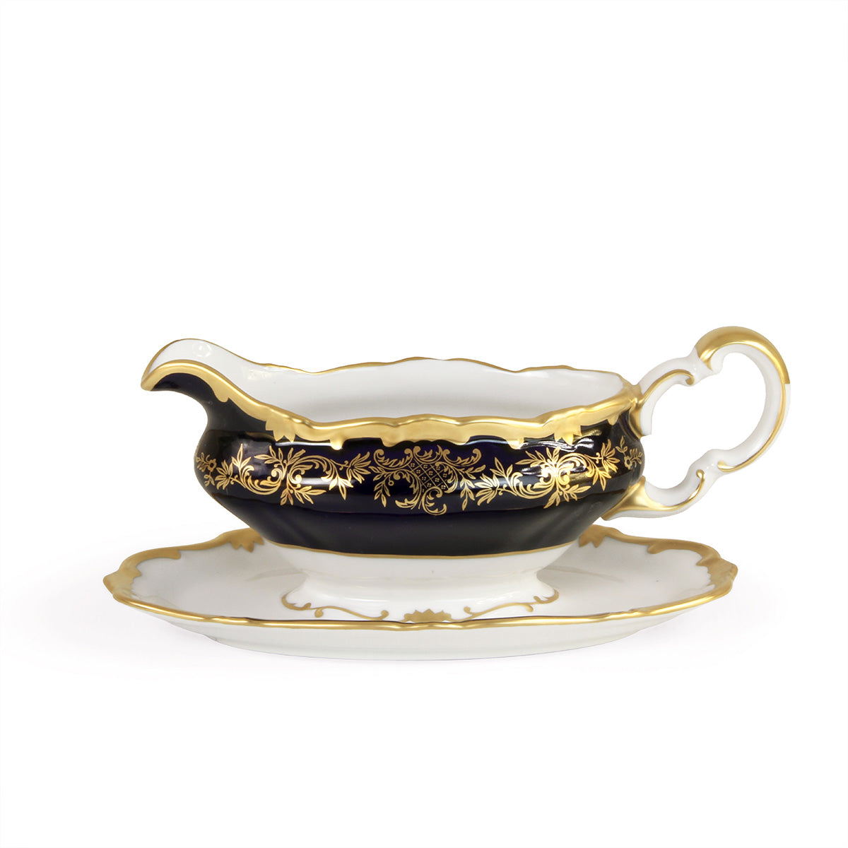 Salsiera dallo stile classico in fine porcellana con decoro in oro e blu cobalto realizzata a mano