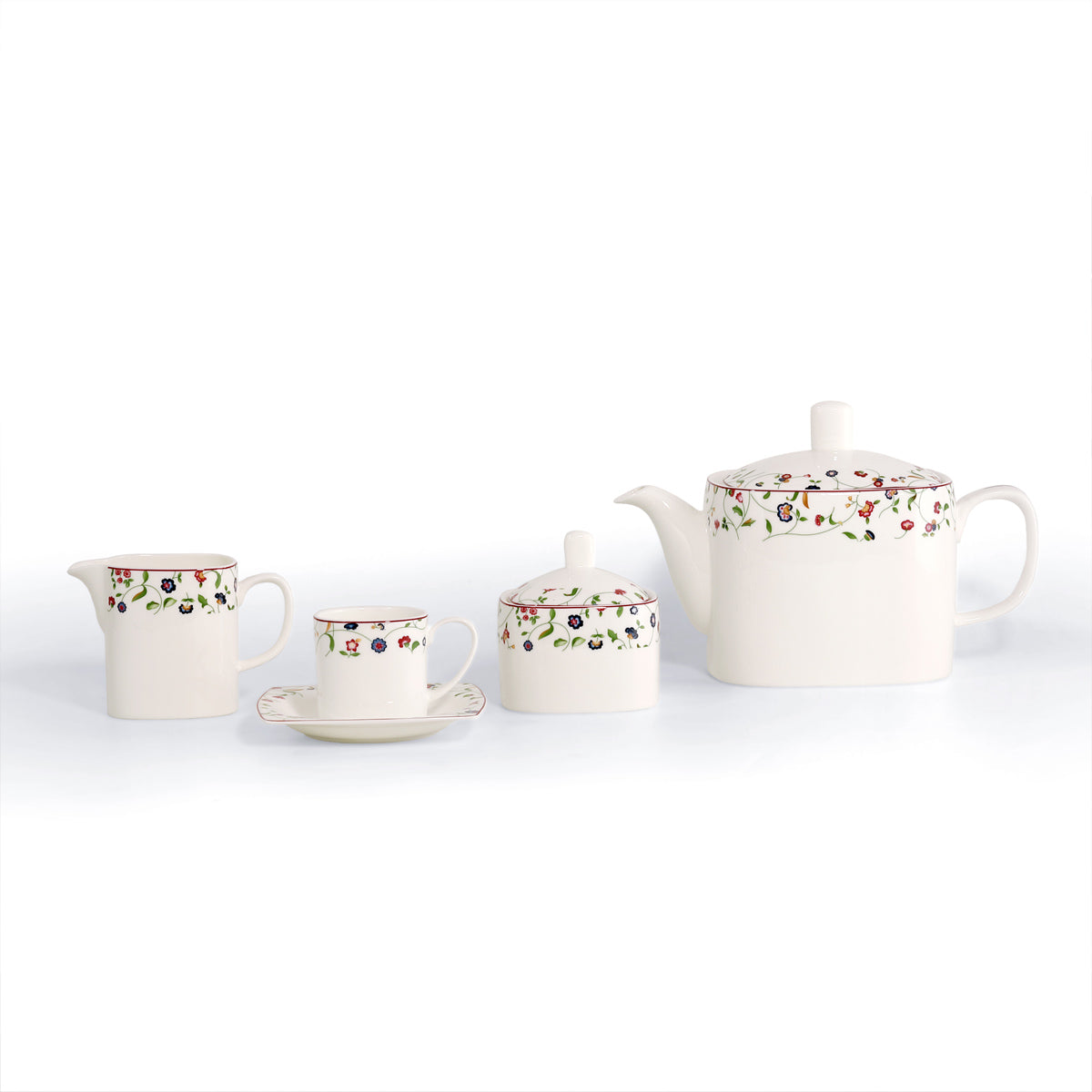 Servizio caffè dalla forma quadrata con decorazione floreale in porcellana fine bone china - Flavia