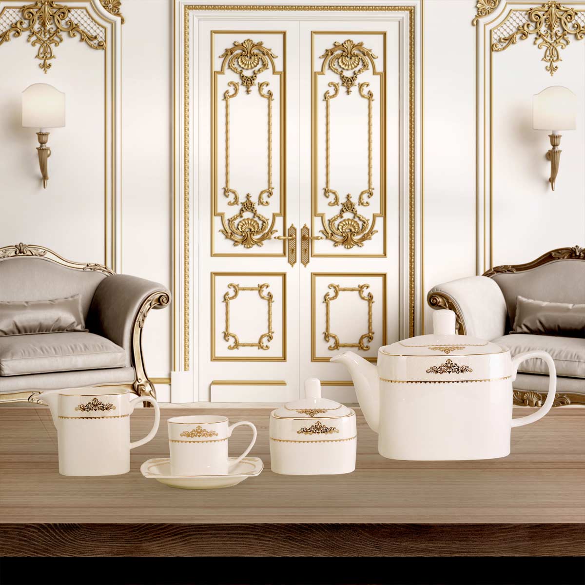 Servizio caffè e te quadrato con decoro in oro porcellana fine bone china - Sharon