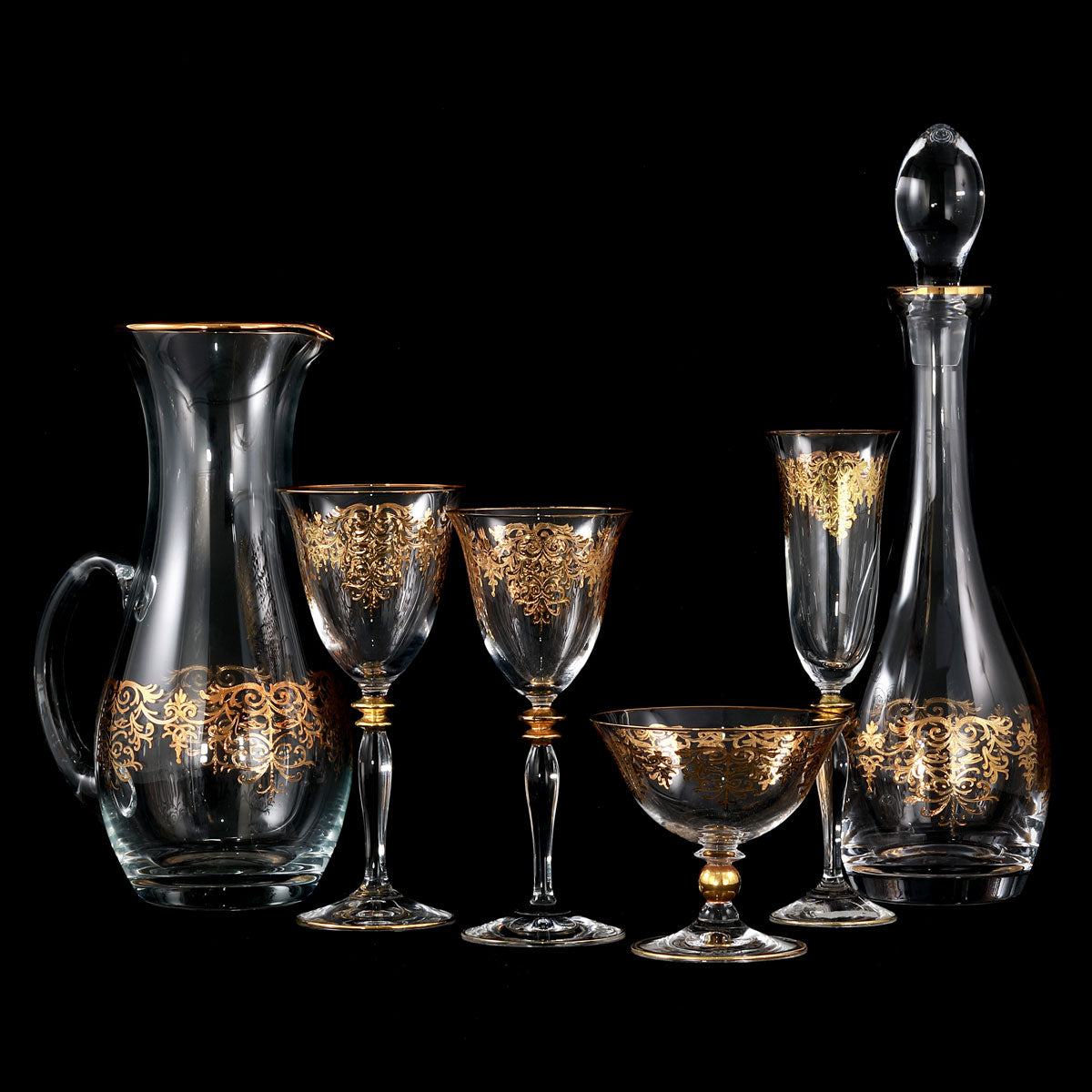 Servizio calici in cristallo con decoro in oro barocco e servizio porcellana coordinato - Prestige