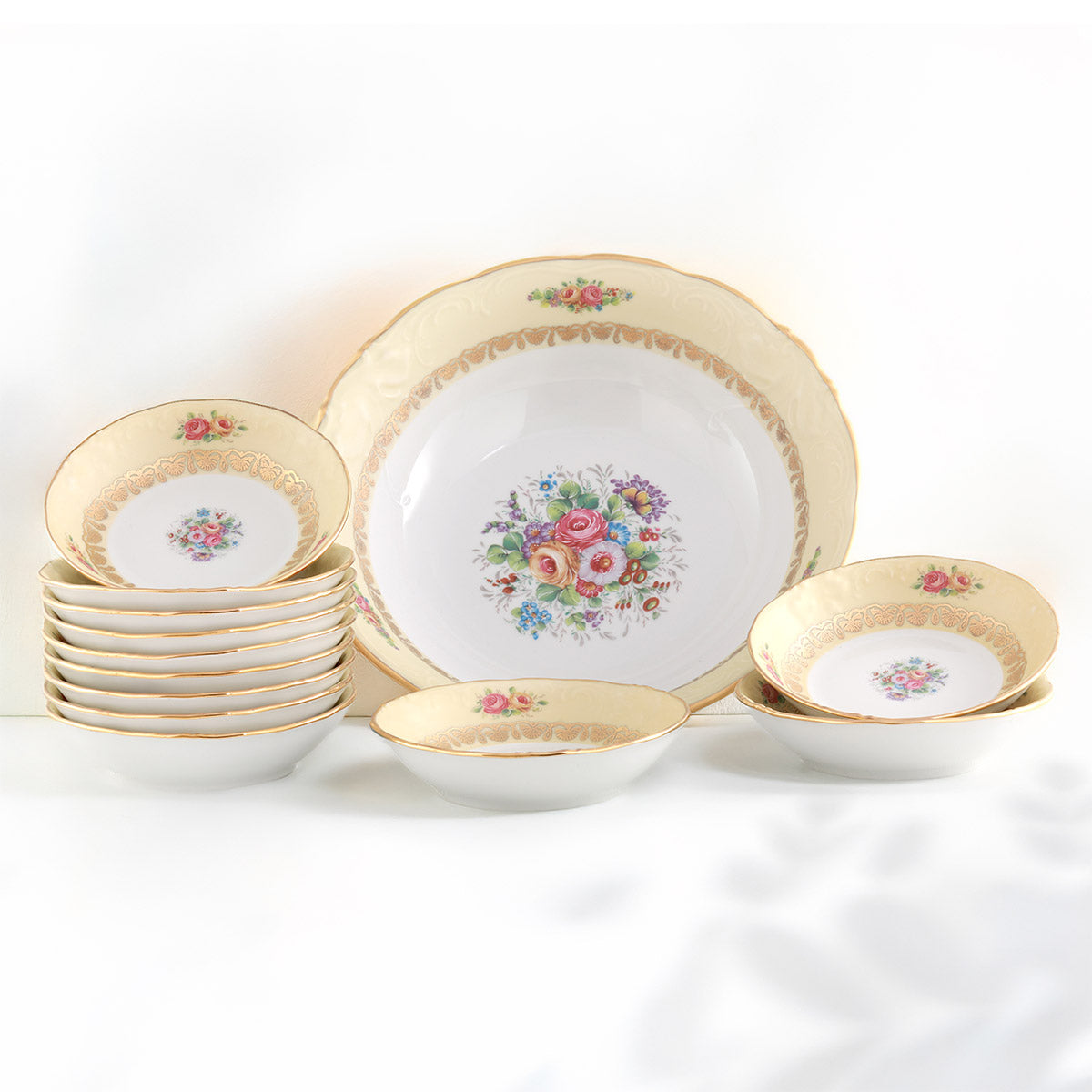 Servizio coppette macedonia in fine porcellana con decoro classico in oro e fiori - Diana