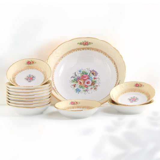 Servizio coppette macedonia in fine porcellana con decoro classico in oro e fiori - Diana
