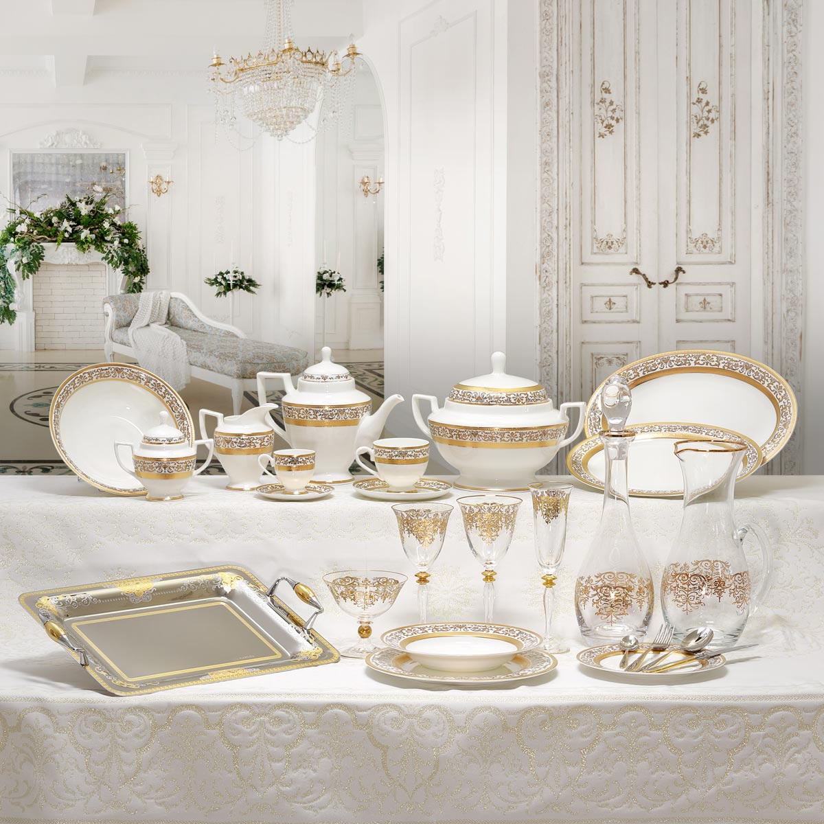 Servizio piatti e bicchieri stile barocco con decoro in oro inciso - Prestige