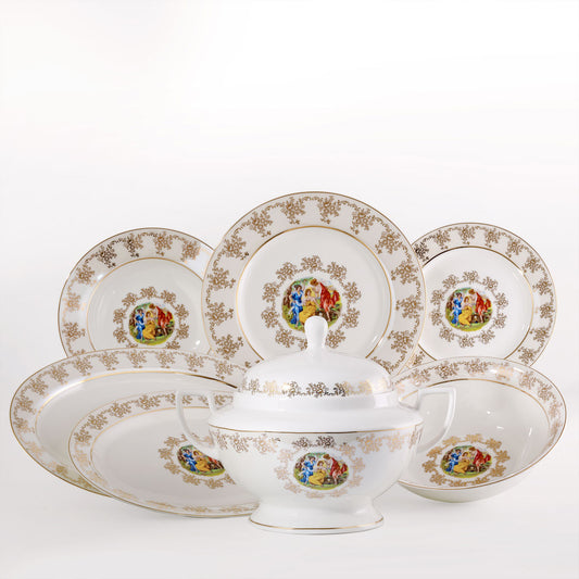 Servizio piatti con decoro classico in oro e dame su fondo madreperla in porcellana fine bone china - Armonia